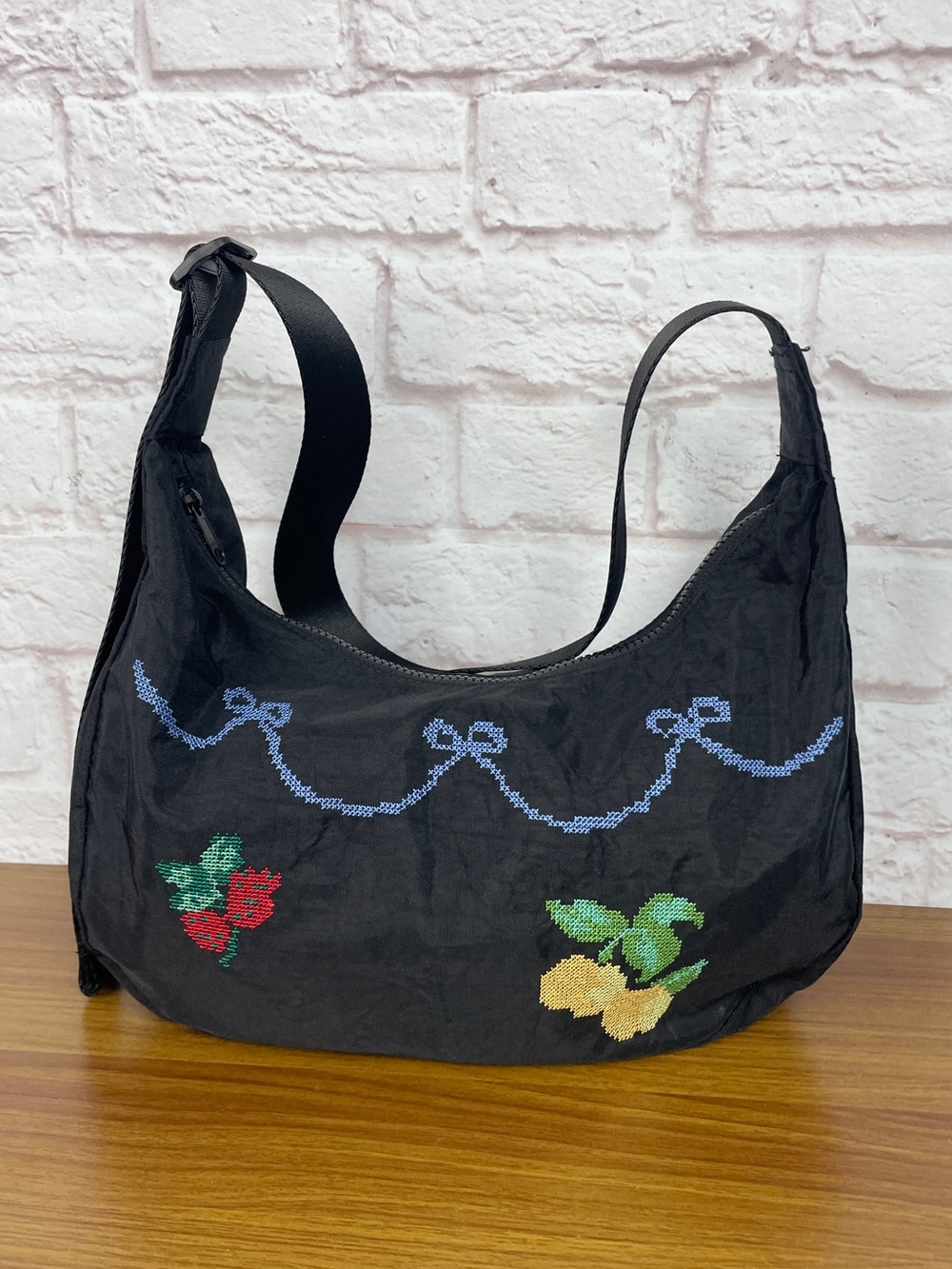 Fruit Cross Stitch Nylon Crescent Black Shoulder Bag by Fastfairy